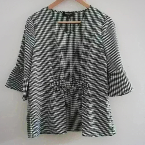 RED CORAL | Women's Black/White Checkered V-neck Bell  Sleeved Top - Picture 1 of 4
